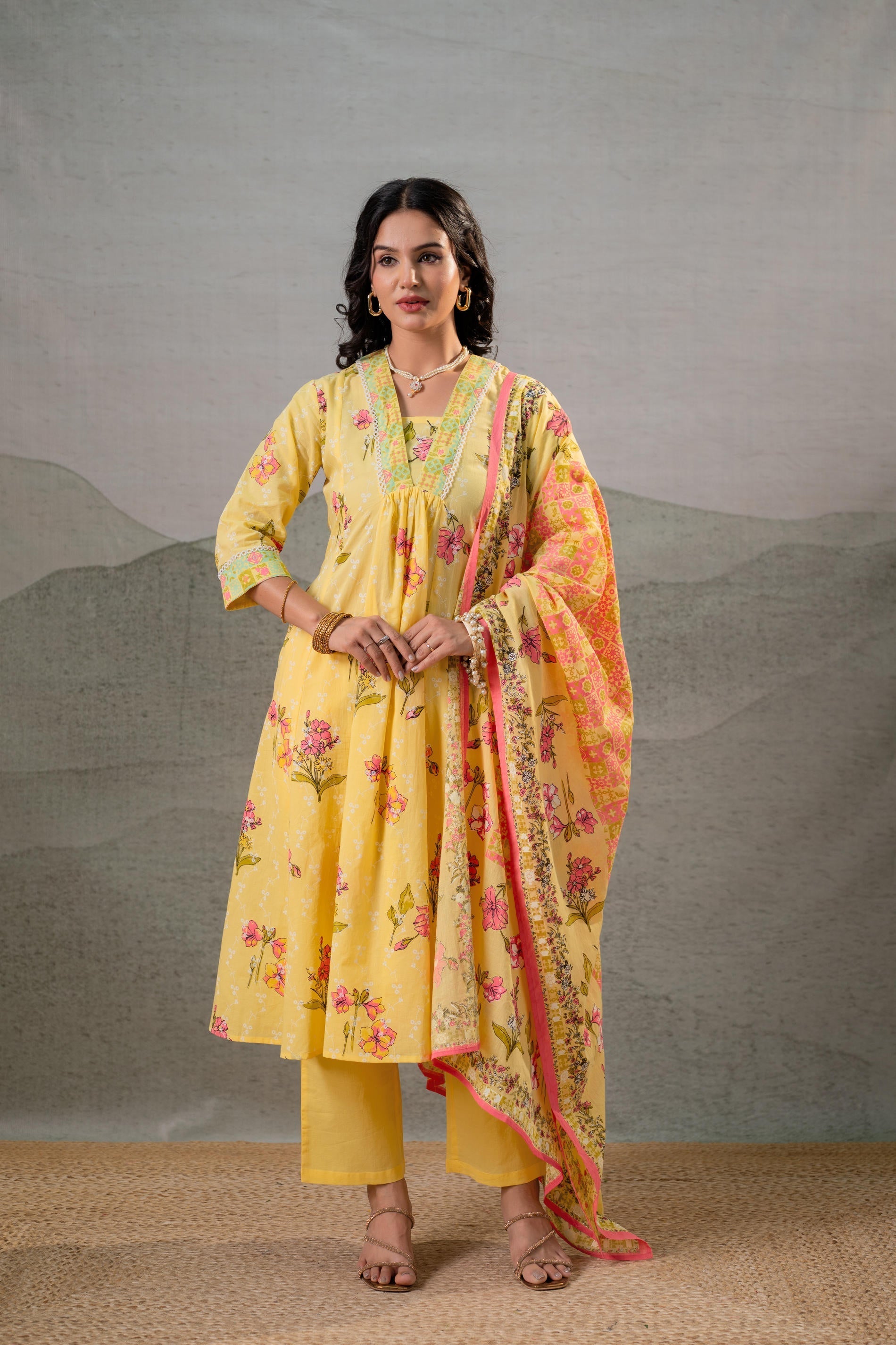 Juniper Bloom Veil Floral Anarkali Kurta Pant And Dupatta Set | Grocsy
