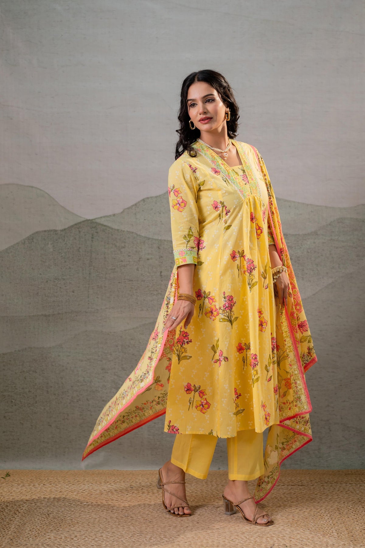 Juniper Bloom Veil Floral Anarkali Kurta Pant And Dupatta Set | Grocsy