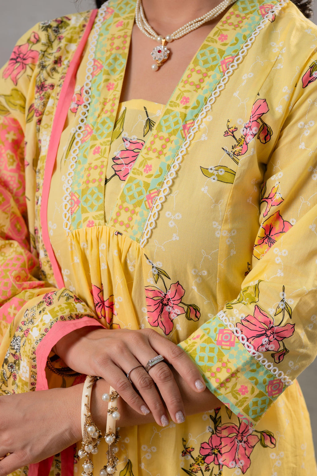Juniper Bloom Veil Floral Anarkali Kurta Pant And Dupatta Set | Grocsy