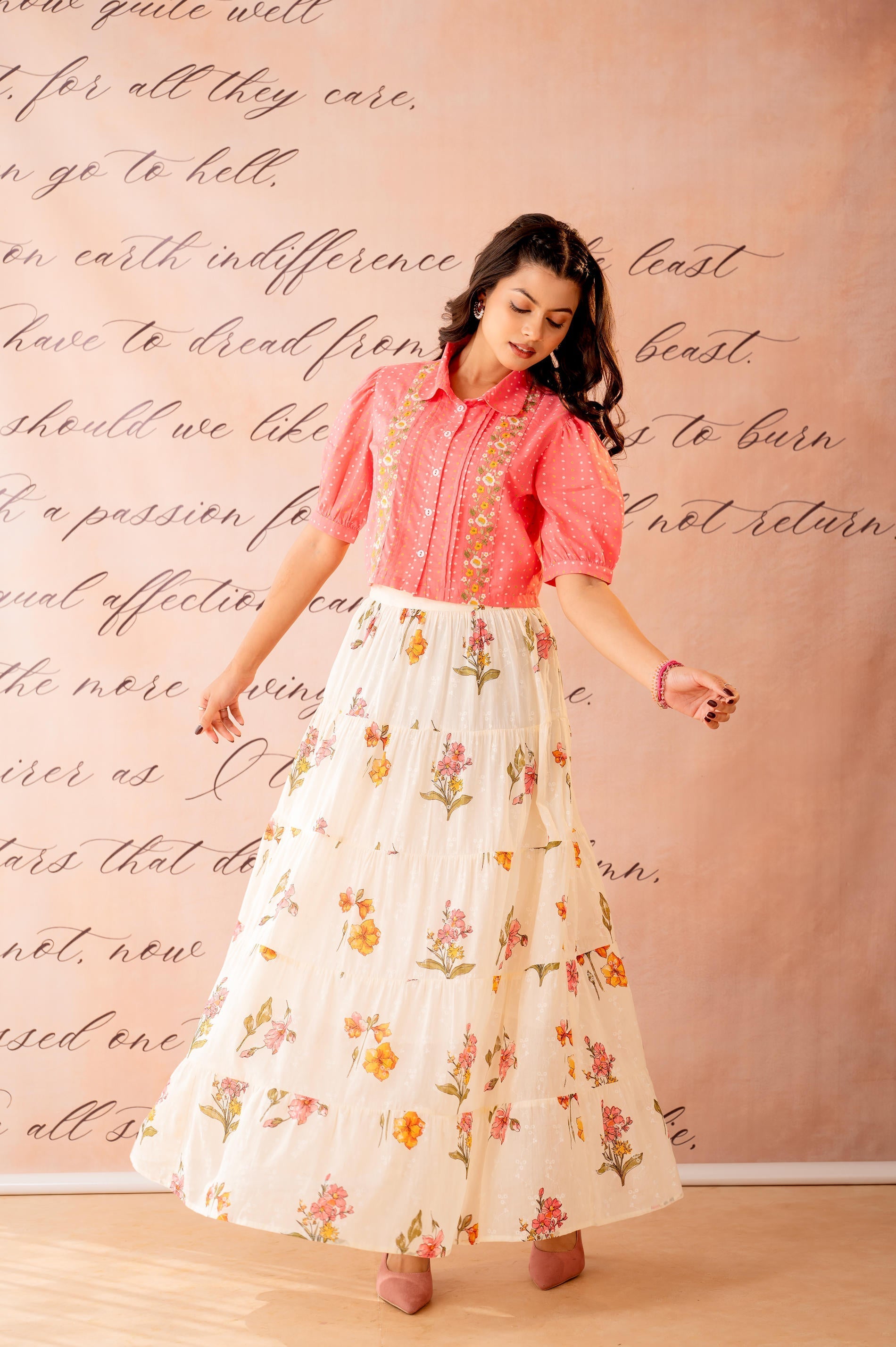 Juniper Peach Bloom Tiered Top With Skirt Set | Grocsy