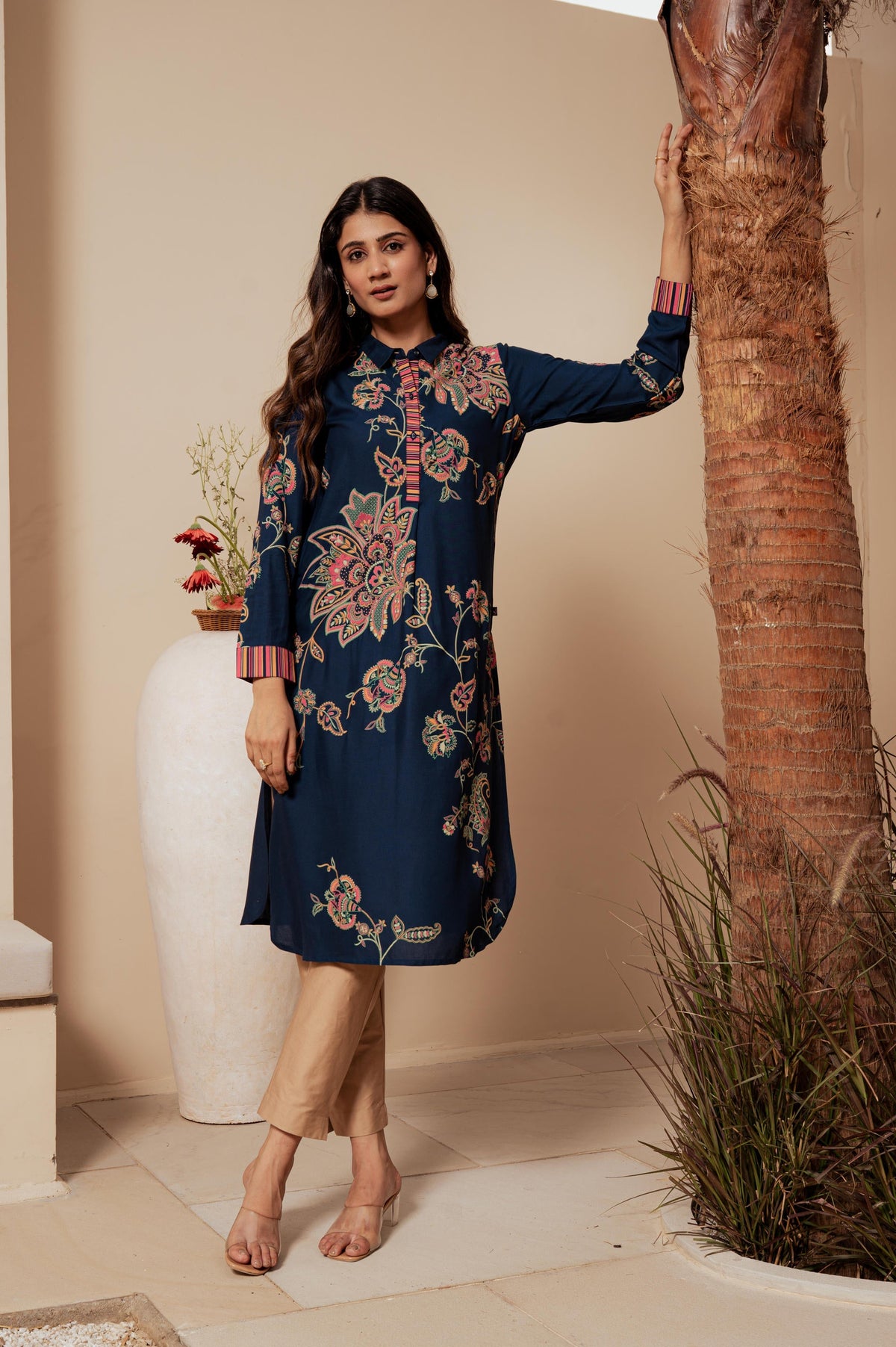 Juniper Midnight Blue Floral Printed Viscose Kurta With Button Detailing | Grocsy