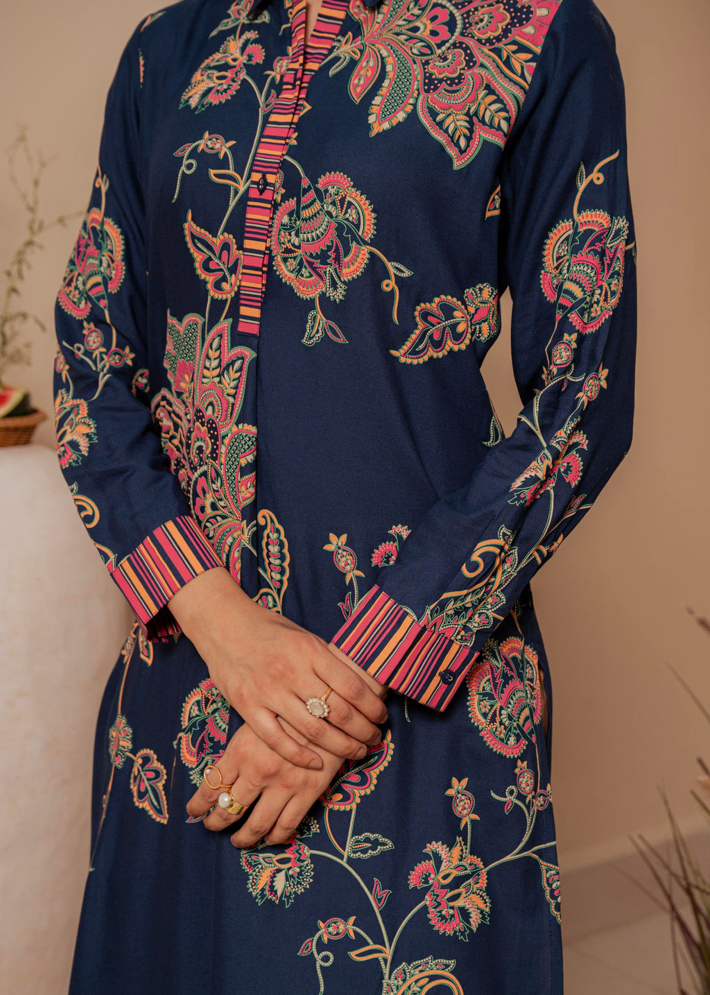 Juniper Midnight Blue Floral Printed Viscose Kurta With Button Detailing | Grocsy