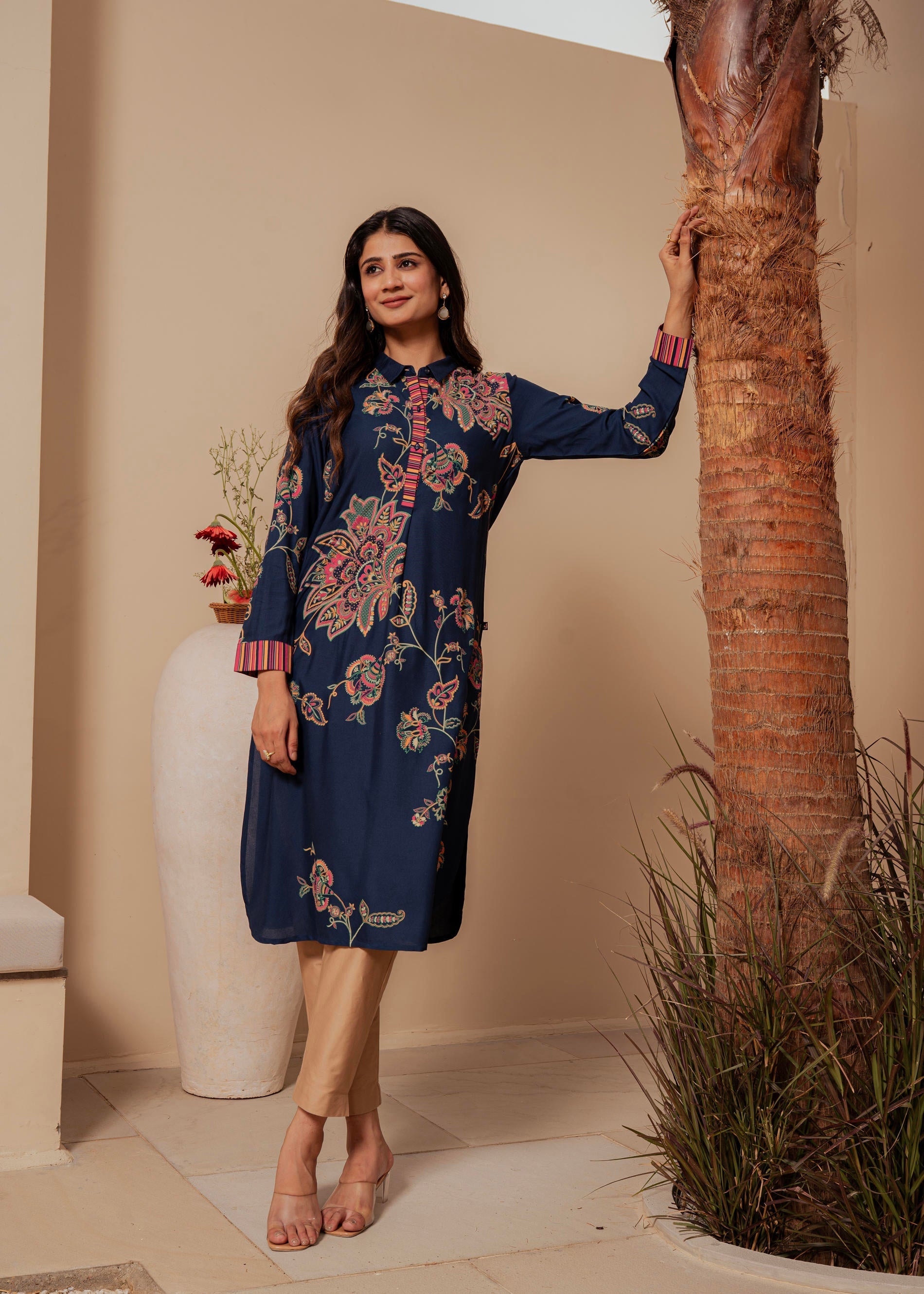 Juniper Midnight Blue Floral Printed Viscose Kurta With Button Detailing | Grocsy