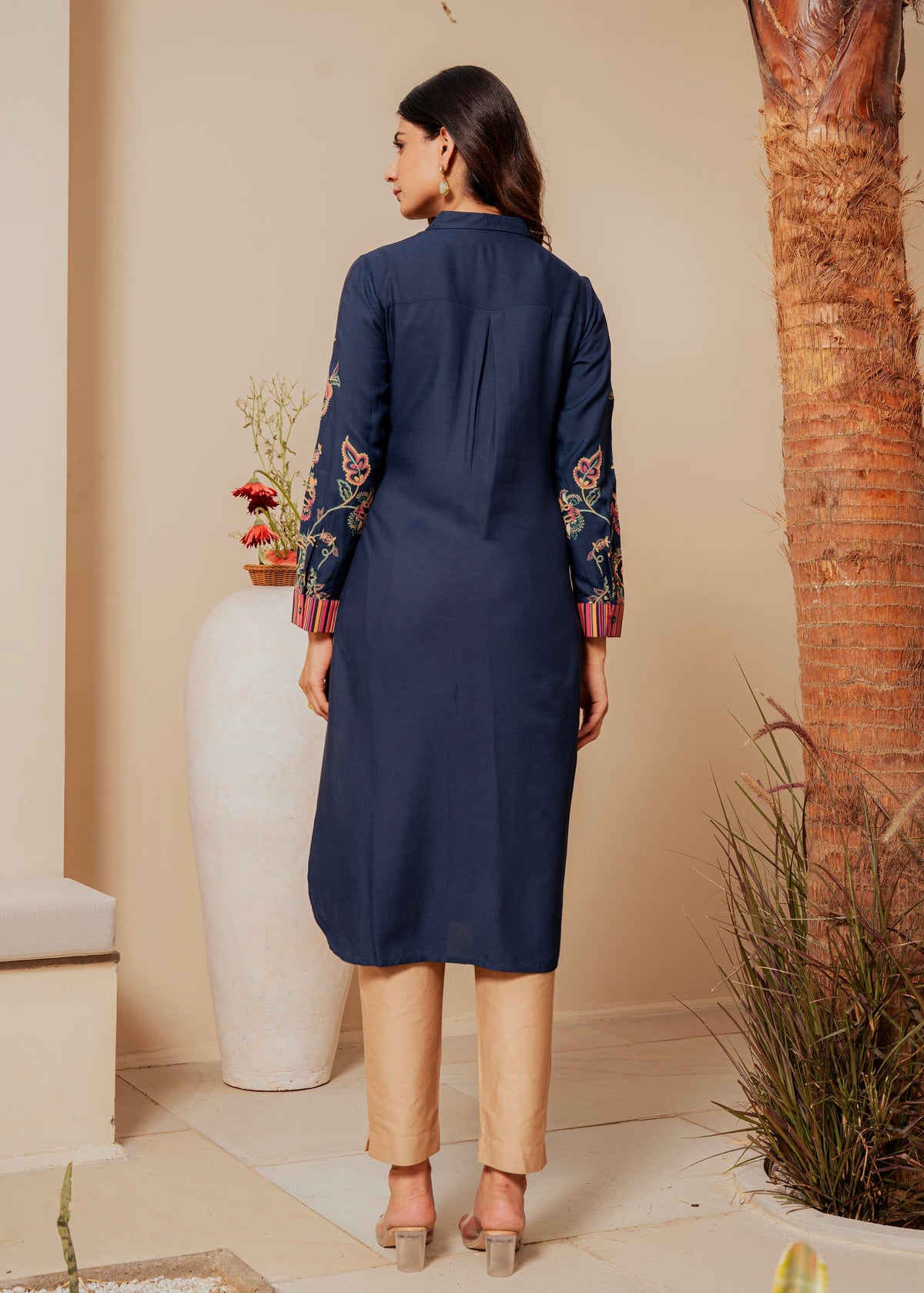 Juniper Midnight Blue Floral Printed Viscose Kurta With Button Detailing | Grocsy