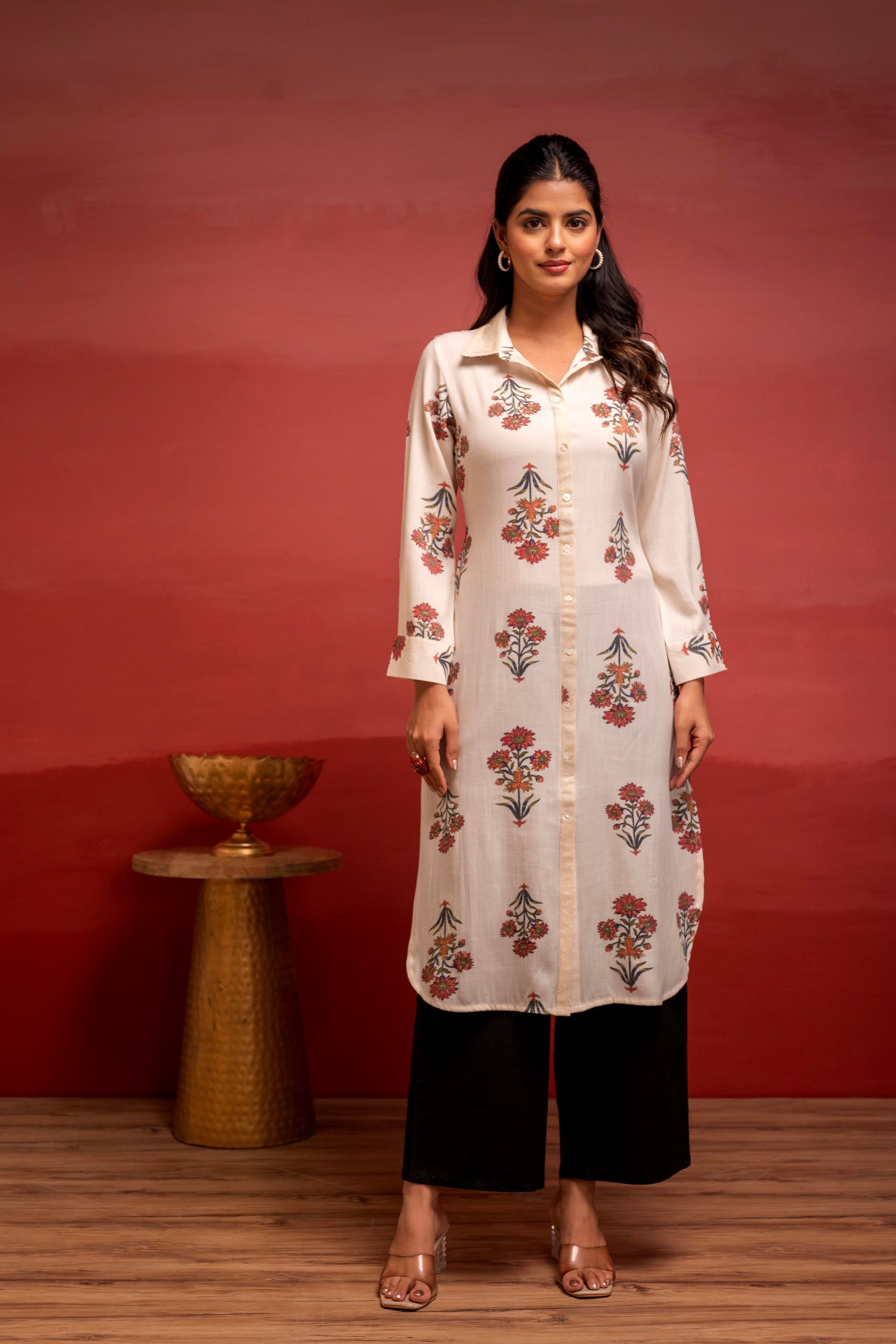 Juniper White Floral Printed Viscose Kurta With Button Detailing | Grocsy