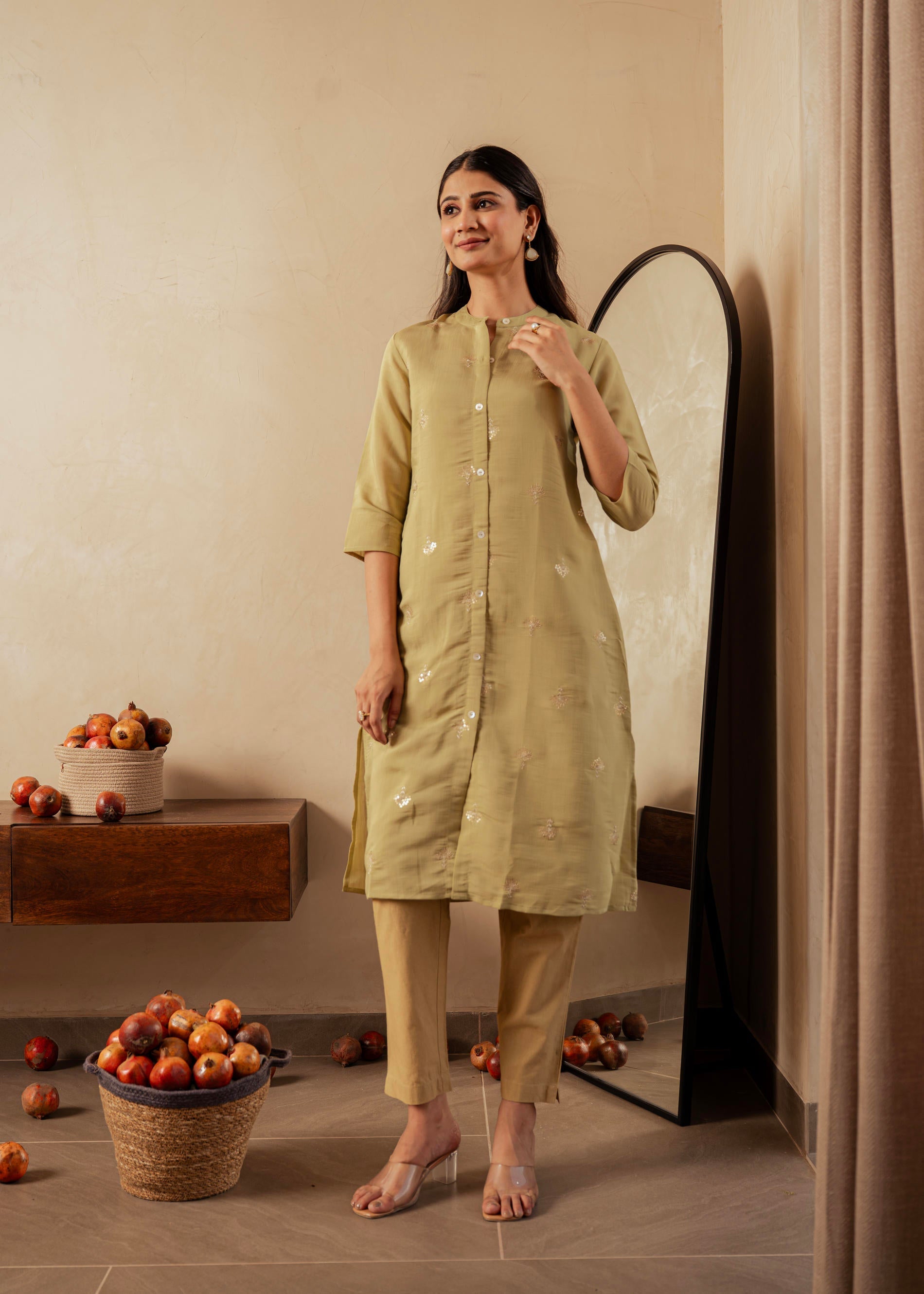 Juniper Sage Green Solid Viscose A-Line Kurta With Embroidery, Beads & Button Detailing | Grocsy
