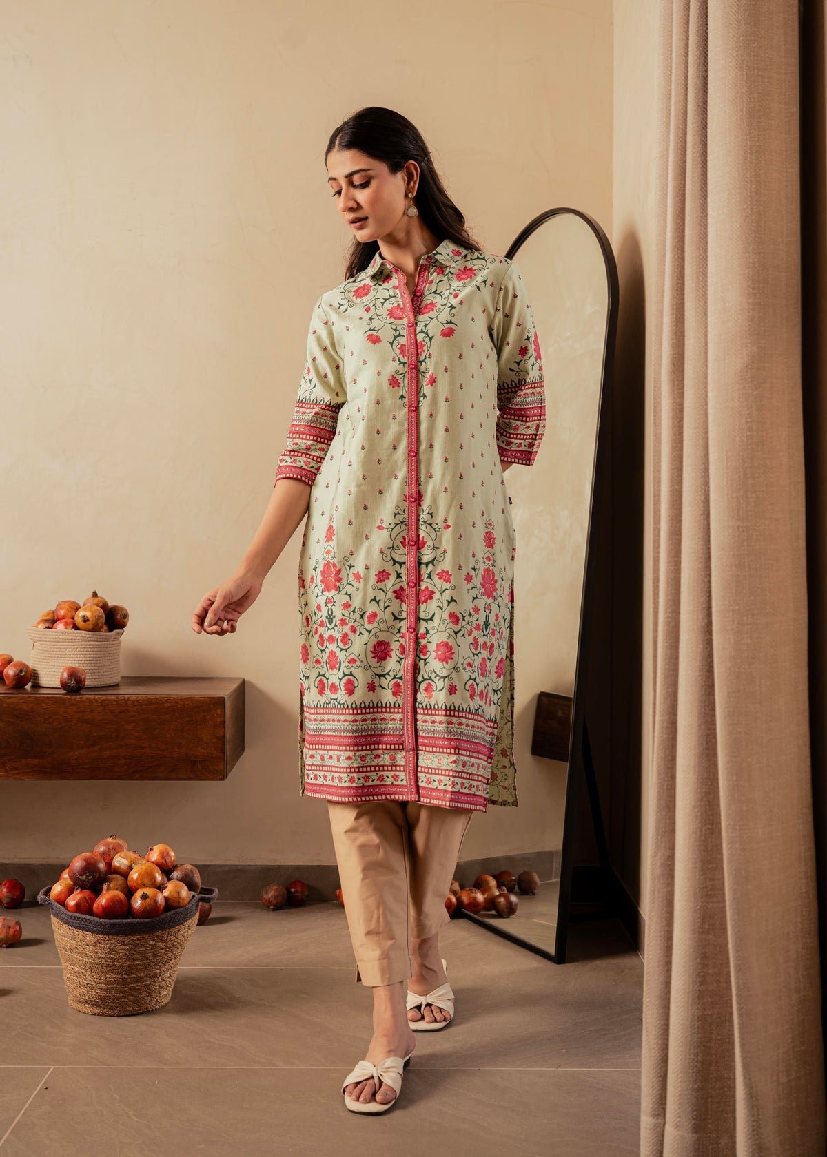 Juniper Sage Green Floral Printed Viscose Kurta With Button Detailing | Grocsy