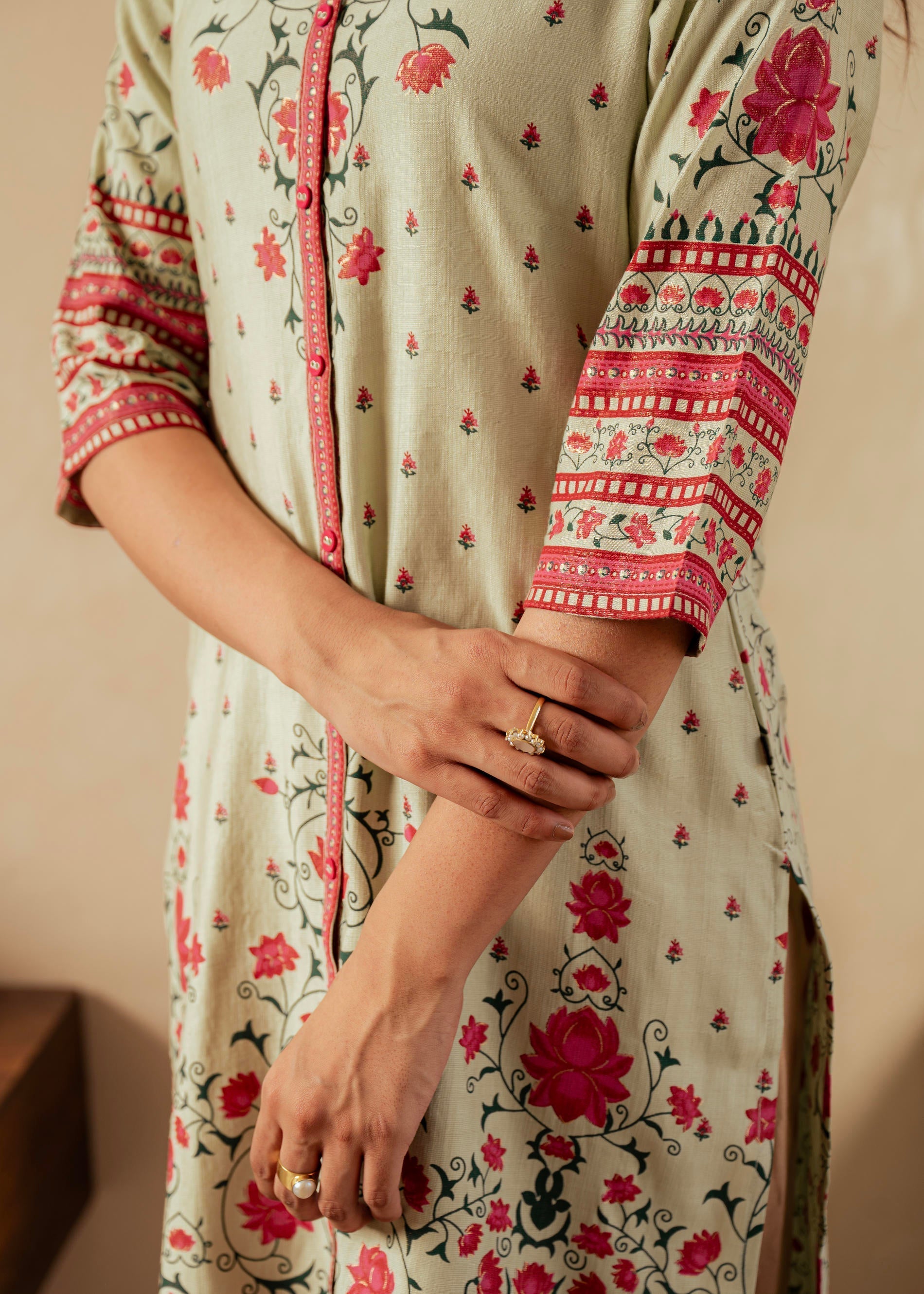 Juniper Sage Green Floral Printed Viscose Kurta With Button Detailing | Grocsy
