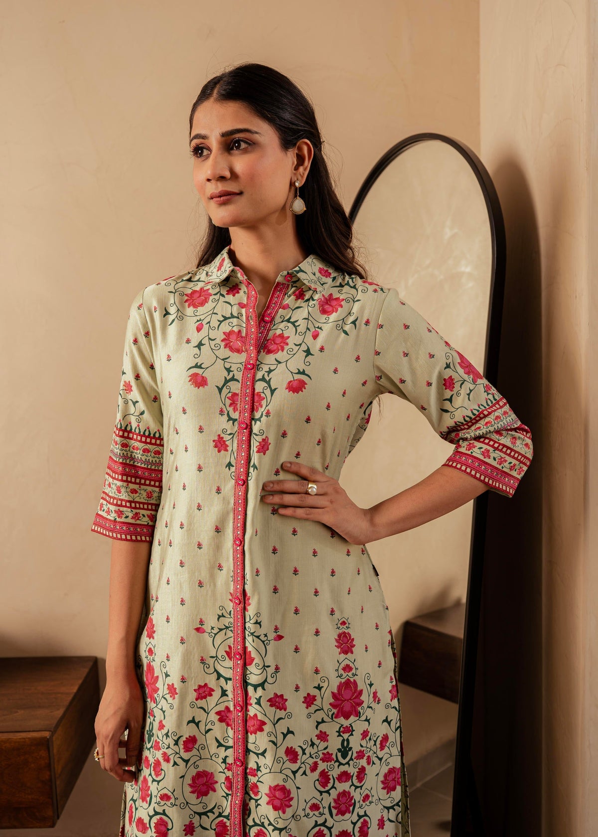 Juniper Sage Green Floral Printed Viscose Kurta With Button Detailing | Grocsy