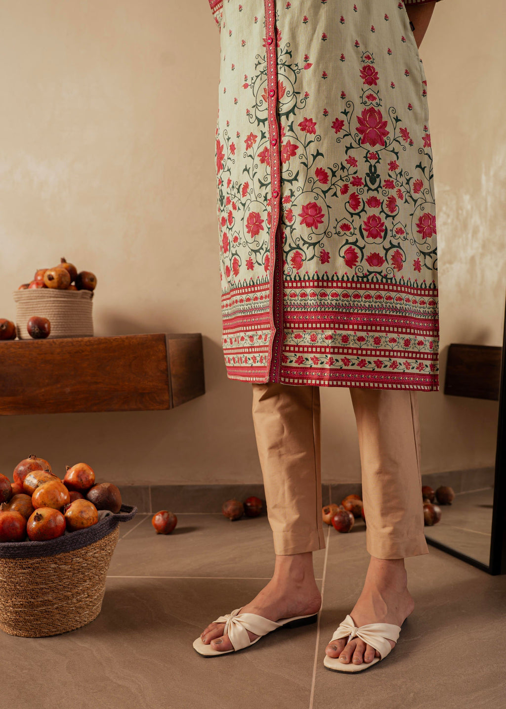Juniper Sage Green Floral Printed Viscose Kurta With Button Detailing | Grocsy