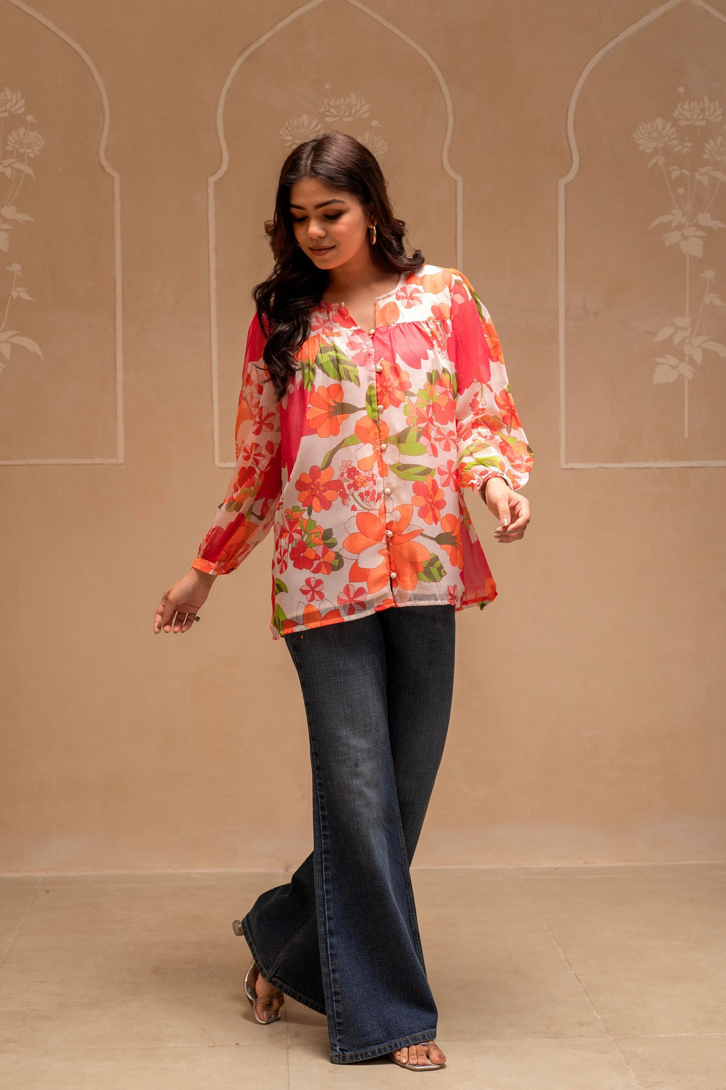 Juniper Man Made Multicolor Fiber Floral Printed Tunic With Button Details | Grocsy