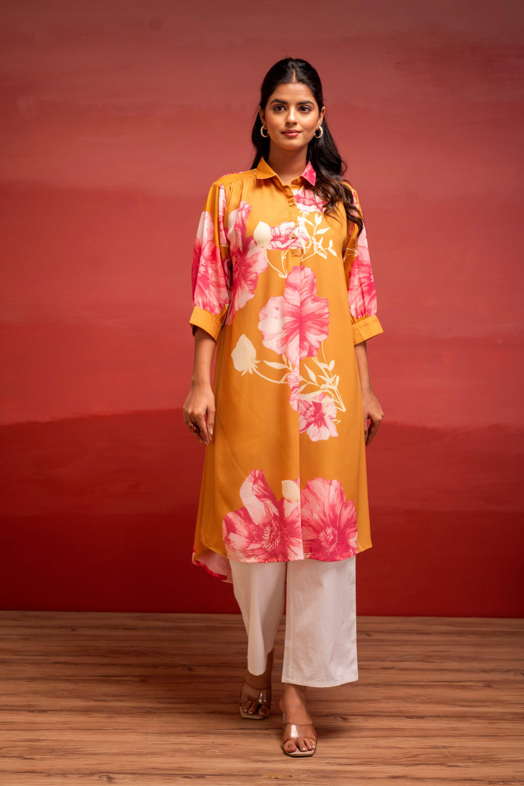 Juniper Mustard Floral Printed A-Line Kurta With Button Detailing | Grocsy