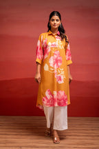 Juniper Mustard Floral Printed A-Line Kurta With Button Detailing | Grocsy