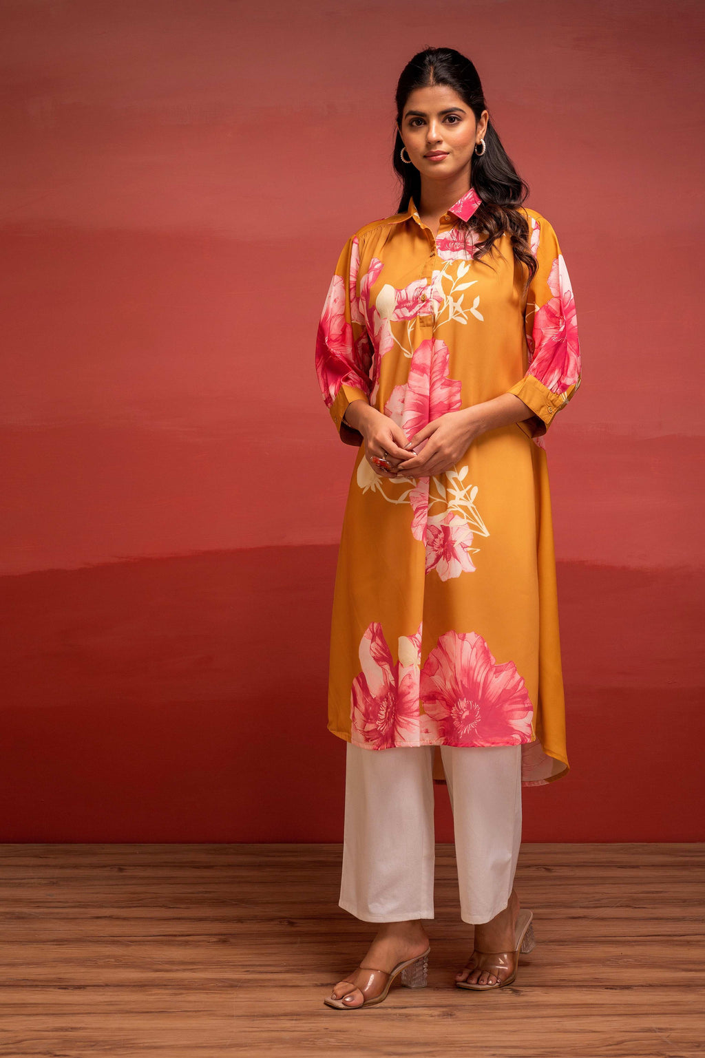 Juniper Mustard Floral Printed A-Line Kurta With Button Detailing | Grocsy