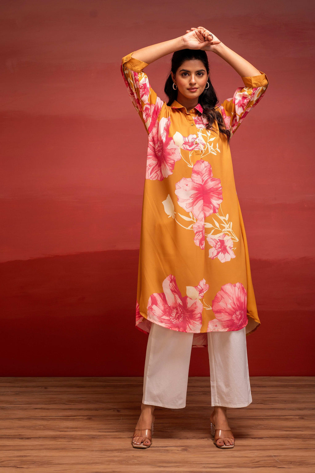 Juniper Mustard Floral Printed A-Line Kurta With Button Detailing | Grocsy