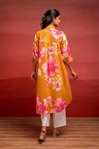 Juniper Mustard Floral Printed A-Line Kurta With Button Detailing | Grocsy