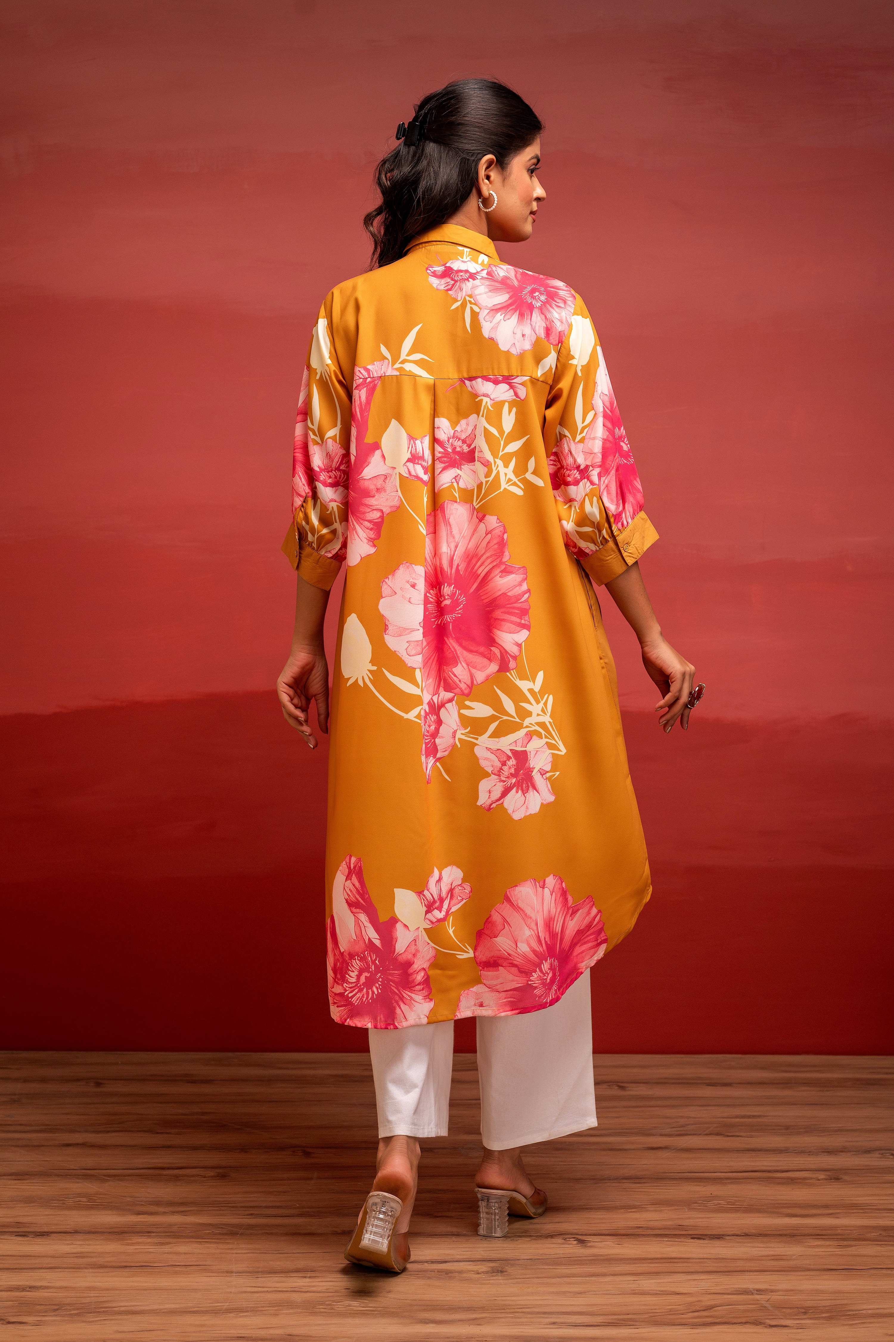 Juniper Mustard Floral Printed A-Line Kurta With Button Detailing | Grocsy