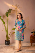 Juniper Blue Floral Printed Straight Kurta With Mughal Motifs | Grocsy