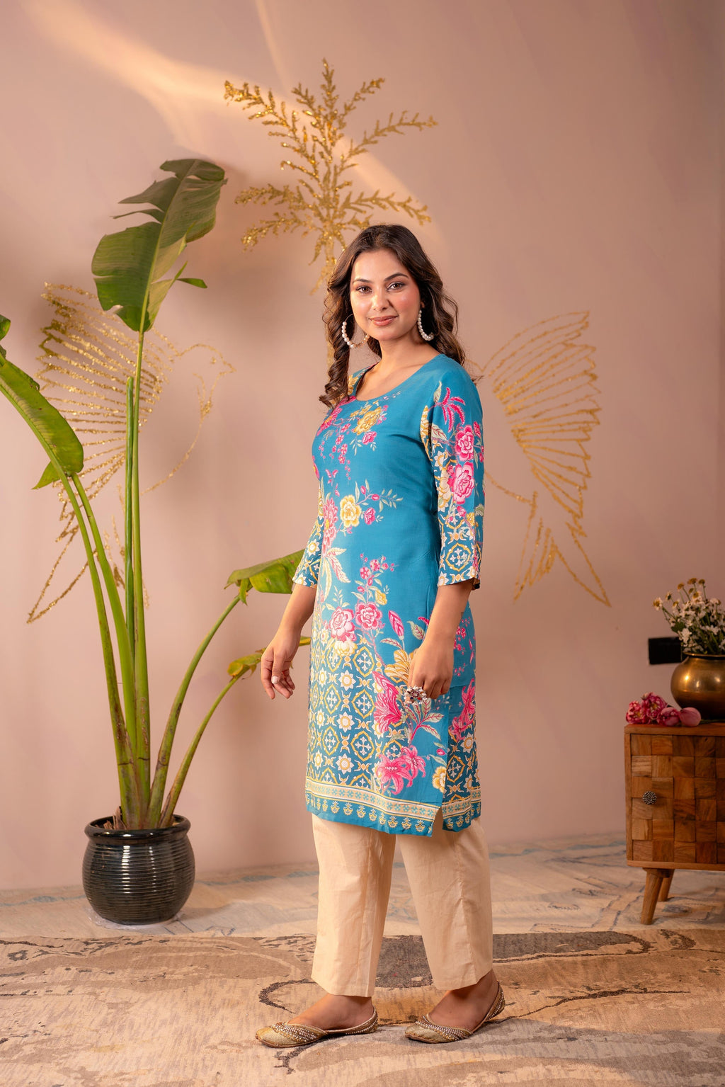 Juniper Blue Floral Printed Straight Kurta With Mughal Motifs | Grocsy