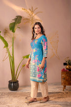 Juniper Blue Floral Printed Straight Kurta With Mughal Motifs | Grocsy