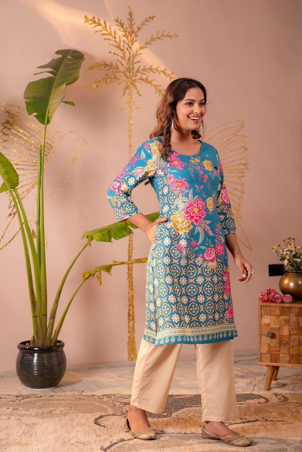 Juniper Blue Floral Printed Straight Kurta With Mughal Motifs | Grocsy