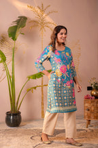 Juniper Blue Floral Printed Straight Kurta With Mughal Motifs | Grocsy