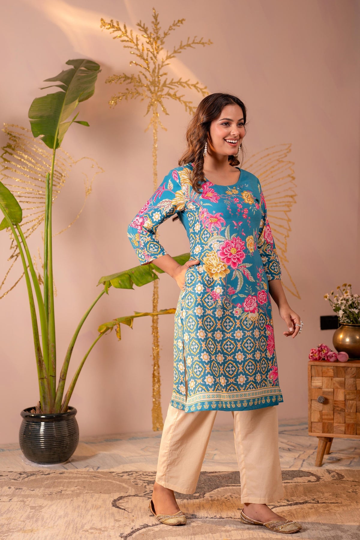 Juniper Blue Floral Printed Straight Kurta With Mughal Motifs | Grocsy
