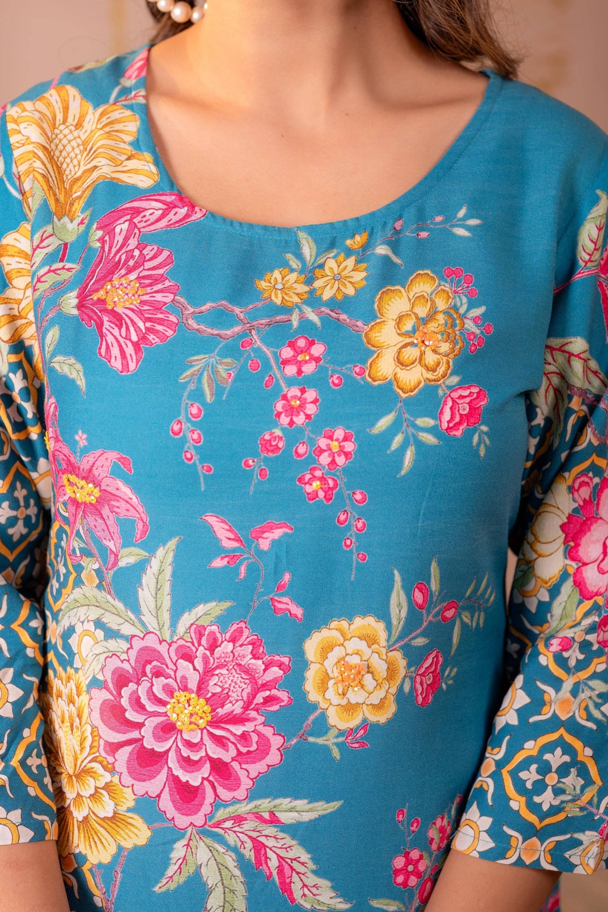Juniper Blue Floral Printed Straight Kurta With Mughal Motifs | Grocsy