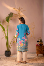 Juniper Blue Floral Printed Straight Kurta With Mughal Motifs | Grocsy