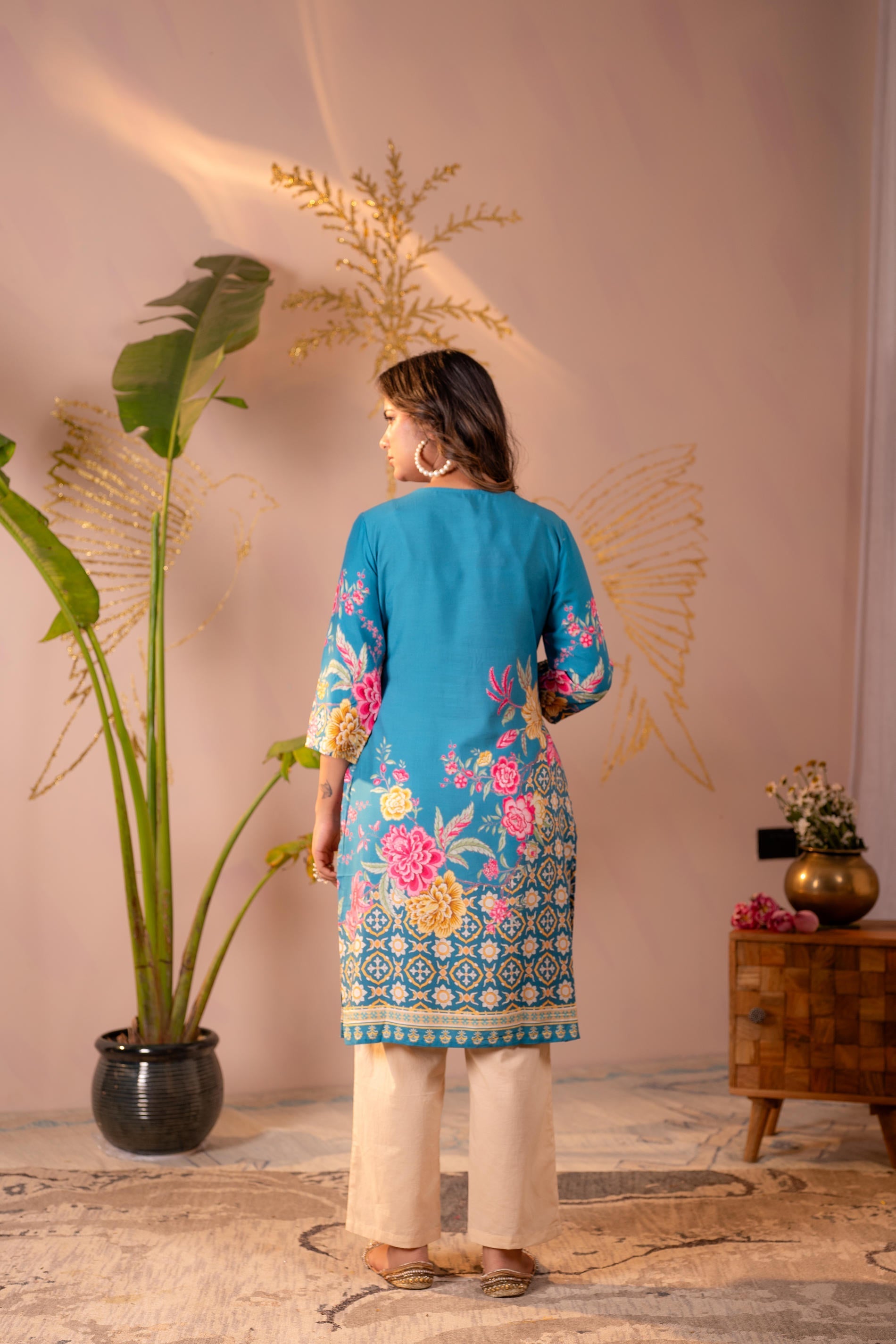 Juniper Blue Floral Printed Straight Kurta With Mughal Motifs | Grocsy