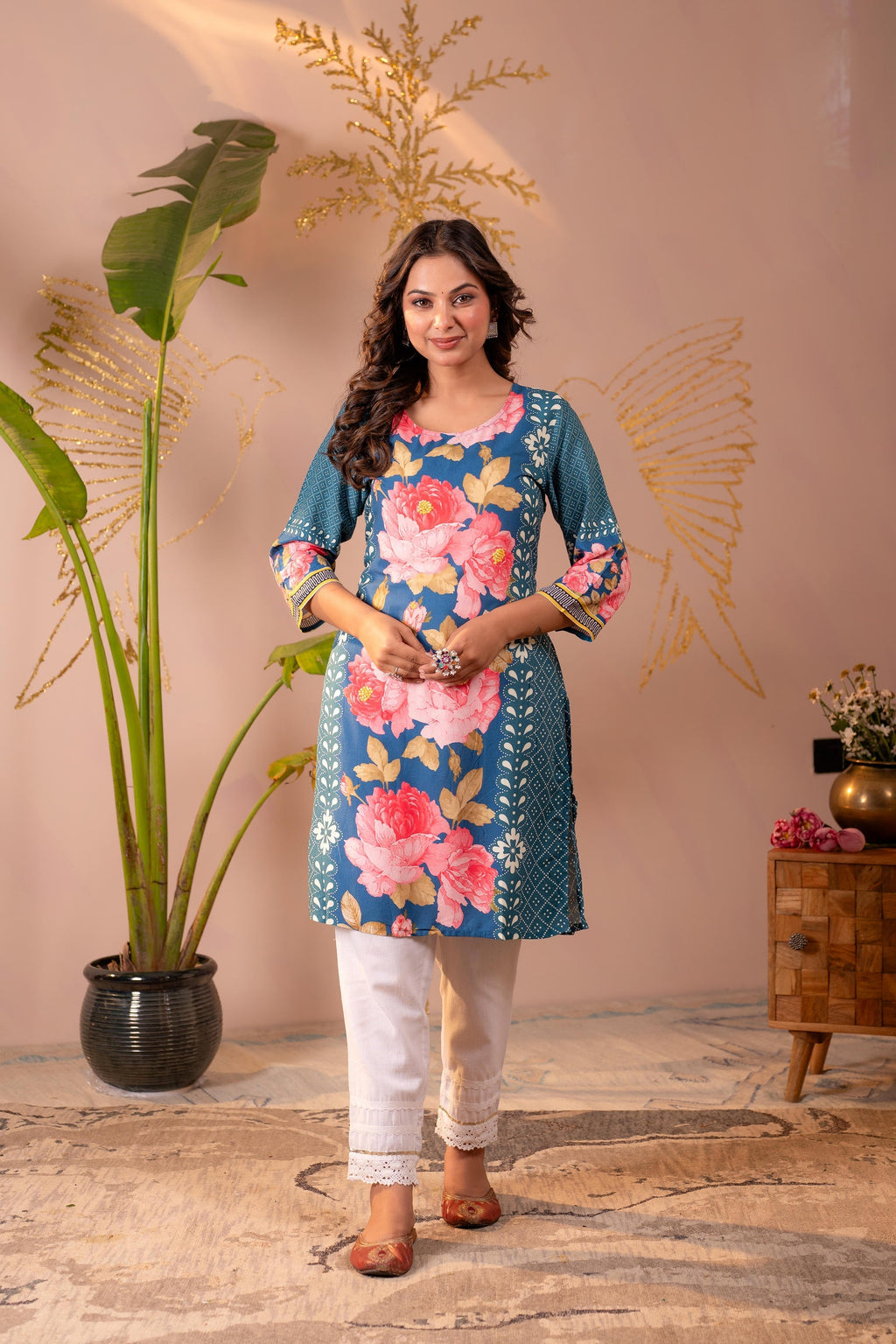 Juniper Blue Floral Printed Straight Kurta | Grocsy