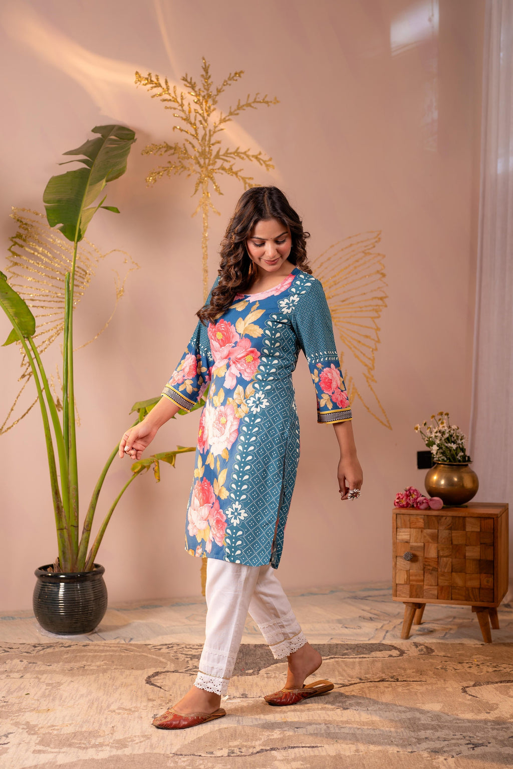Juniper Blue Floral Printed Straight Kurta | Grocsy