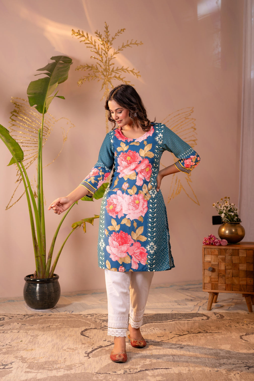Juniper Blue Floral Printed Straight Kurta | Grocsy