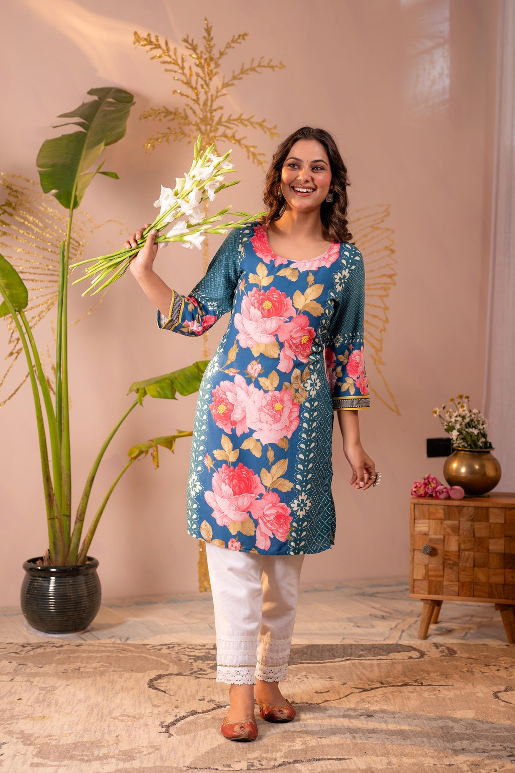 Juniper Blue Floral Printed Straight Kurta | Grocsy