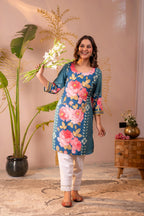Juniper Blue Floral Printed Straight Kurta | Grocsy