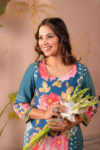 Juniper Blue Floral Printed Straight Kurta | Grocsy