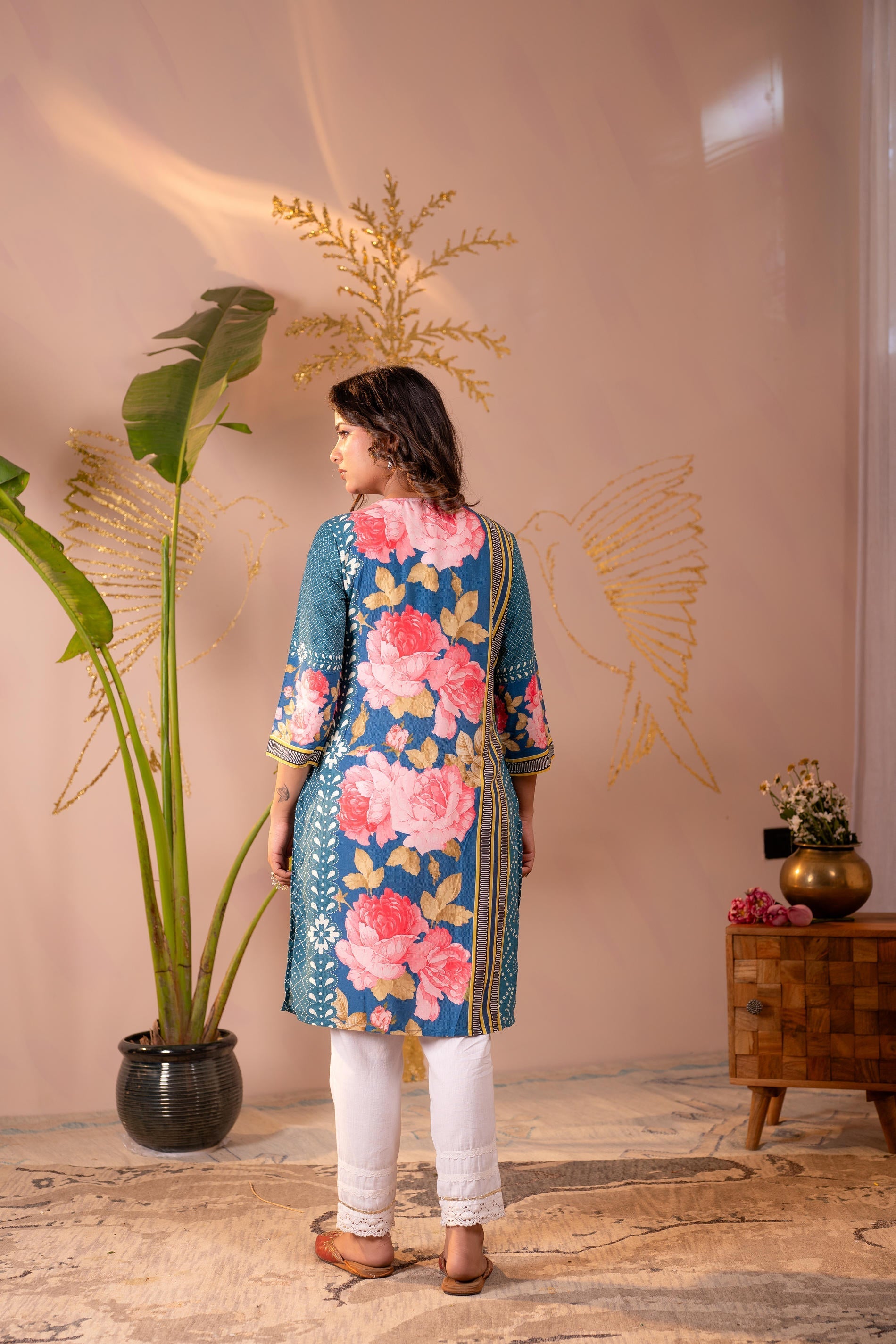 Juniper Blue Floral Printed Straight Kurta | Grocsy