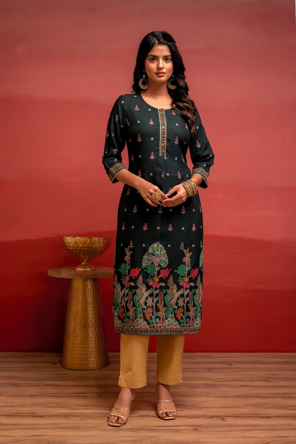 Juniper Dark Green Festive Straight Kurta With Heritage Motifs | Grocsy