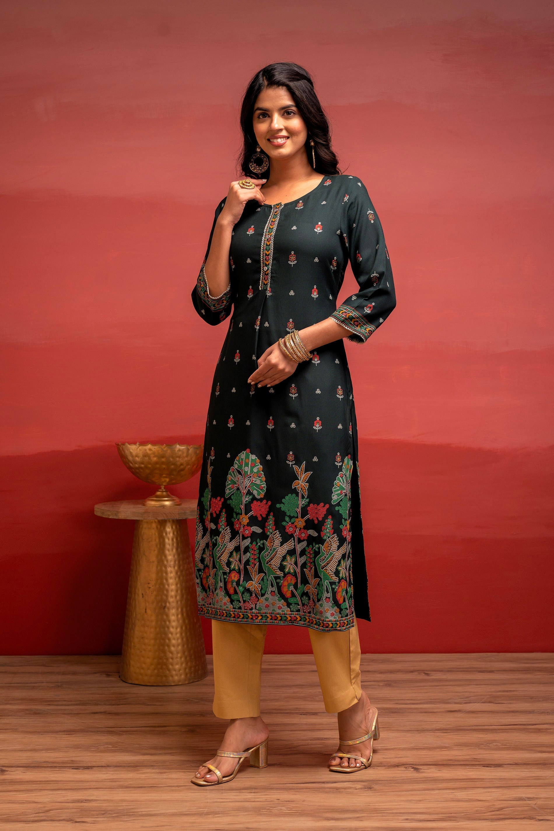 Juniper Dark Green Festive Straight Kurta With Heritage Motifs | Grocsy
