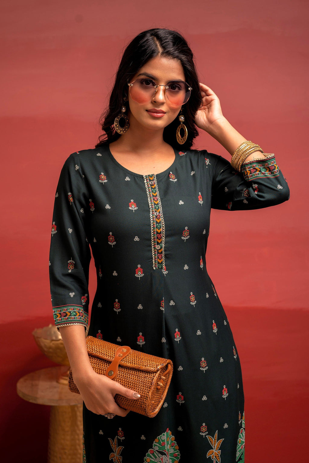 Juniper Dark Green Festive Straight Kurta With Heritage Motifs | Grocsy