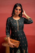 Juniper Dark Green Festive Straight Kurta With Heritage Motifs | Grocsy
