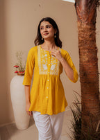 Juniper Mustard Striped Cotton Tunic With Thread Work And Button Detailing | Grocsy