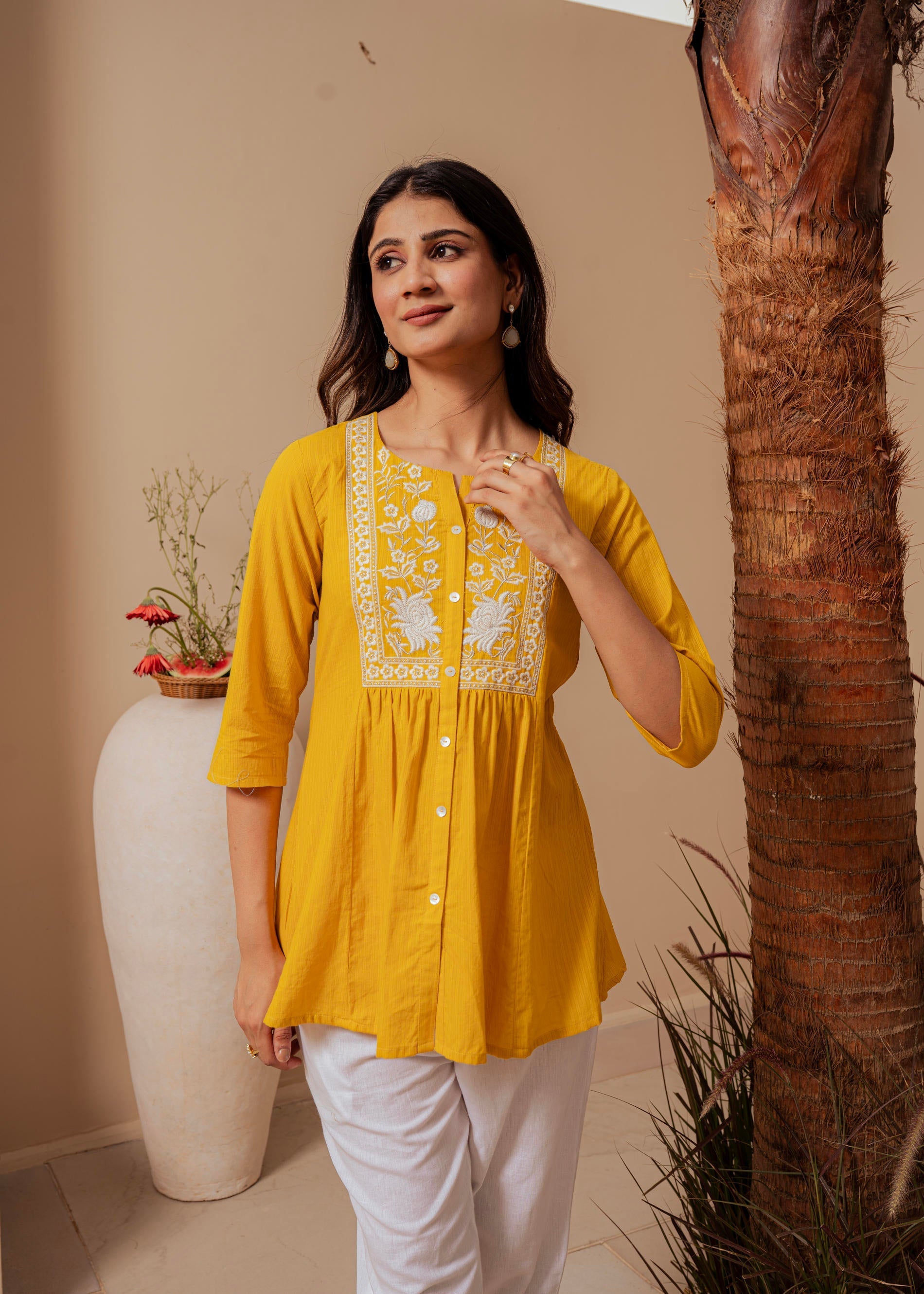 Juniper Mustard Striped Cotton Tunic With Thread Work And Button Detailing | Grocsy