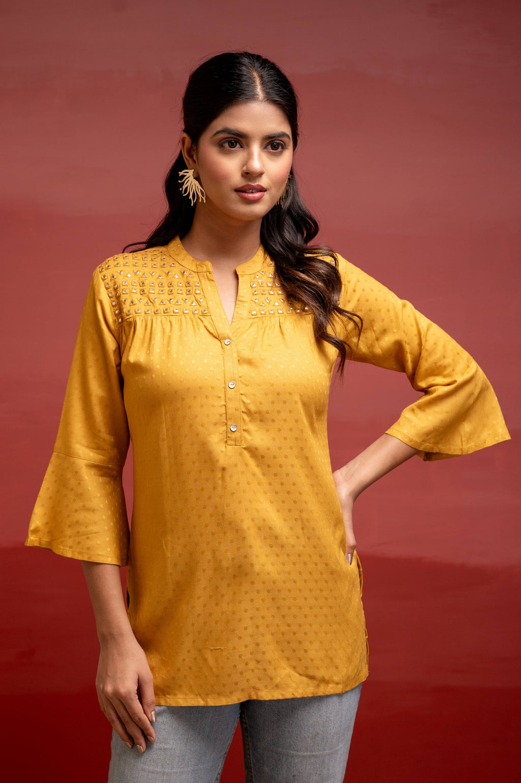 Juniper Mustard Polka Dot Viscose Tunic With Thread Work, Mirror & Button Detailing | Grocsy