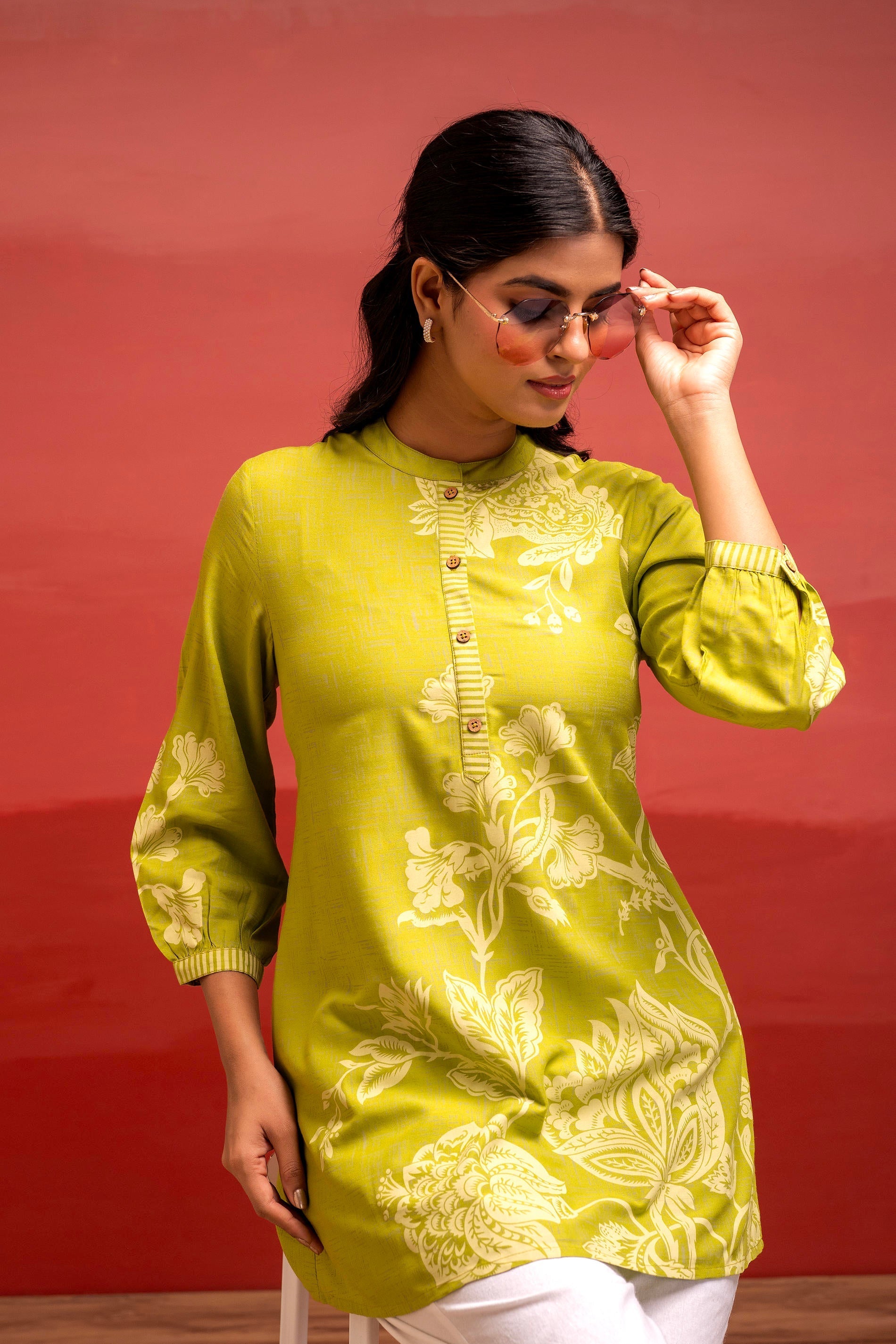 Juniper Lime Floral Printed Viscose Tunic With Button Detailing | Grocsy