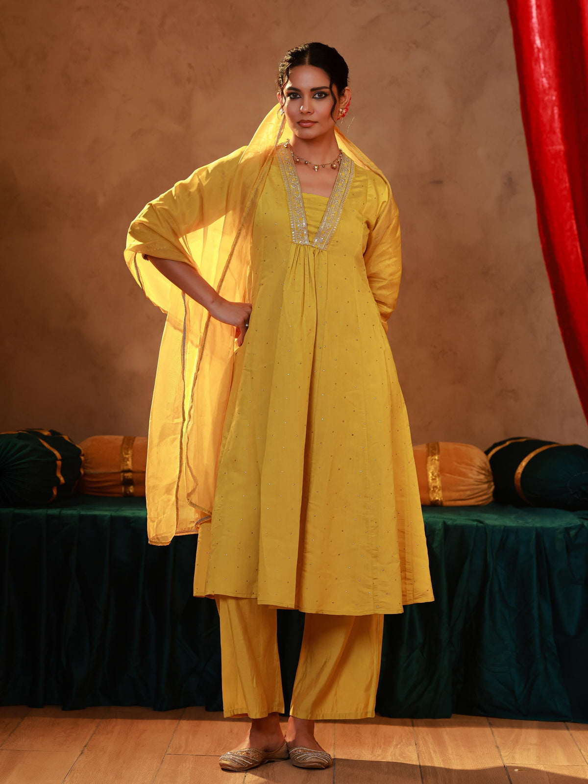 Juniper Yellow Viscose Flared Kurta Pant And Dupatta Set With Zari, Sequin & Lace Work | Grocsy