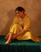 Juniper Yellow Viscose Flared Kurta Pant And Dupatta Set With Zari, Sequin & Lace Work | Grocsy