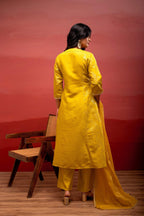 Juniper Yellow Viscose Flared Kurta Pant And Dupatta Set With Zari, Sequin & Lace Work | Grocsy