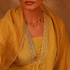 Juniper Yellow Viscose Flared Kurta Pant And Dupatta Set With Zari, Sequin & Lace Work | Grocsy