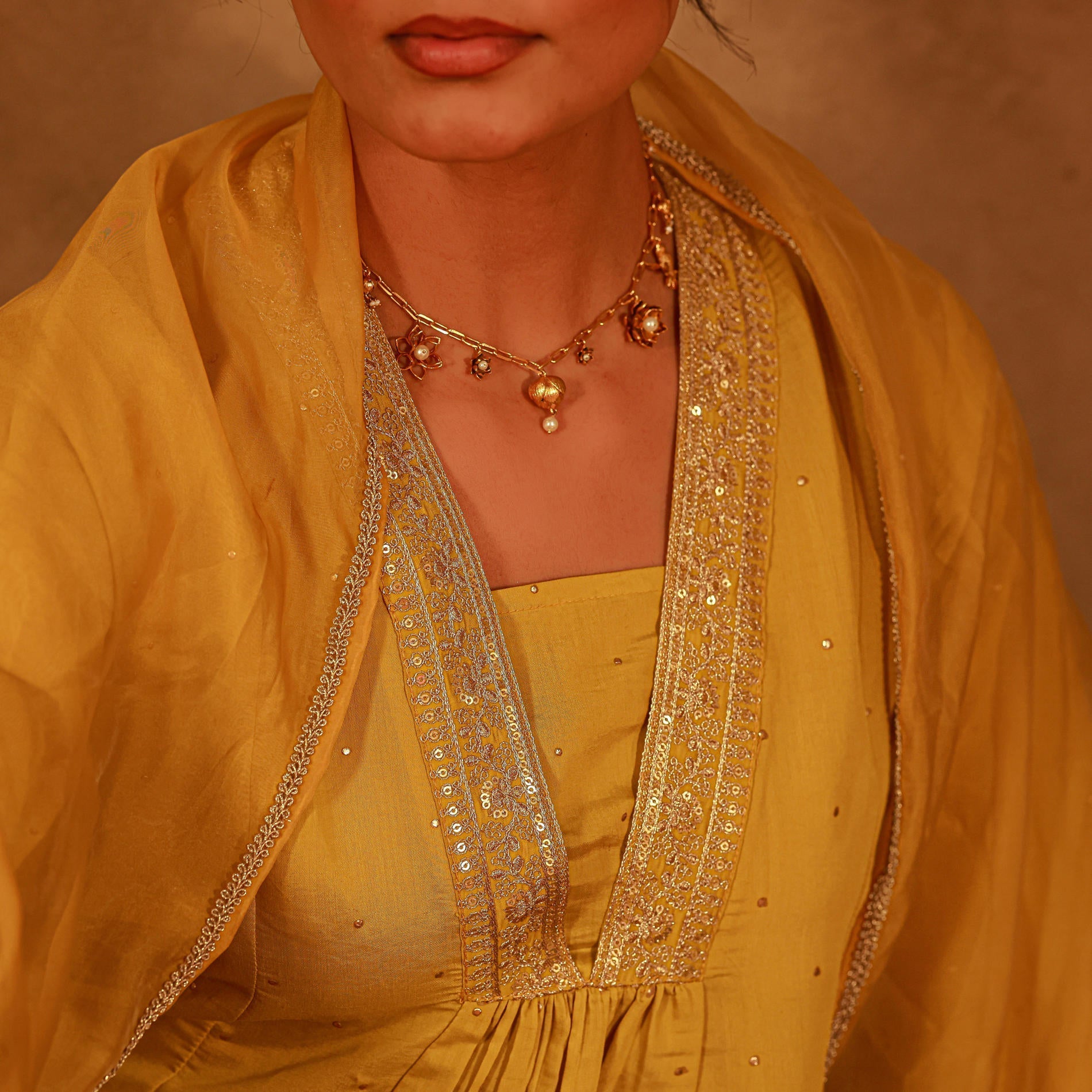 Juniper Yellow Viscose Flared Kurta Pant And Dupatta Set With Zari, Sequin & Lace Work | Grocsy